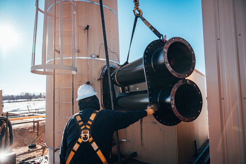 Crew member guiding a fire tube into the vessel